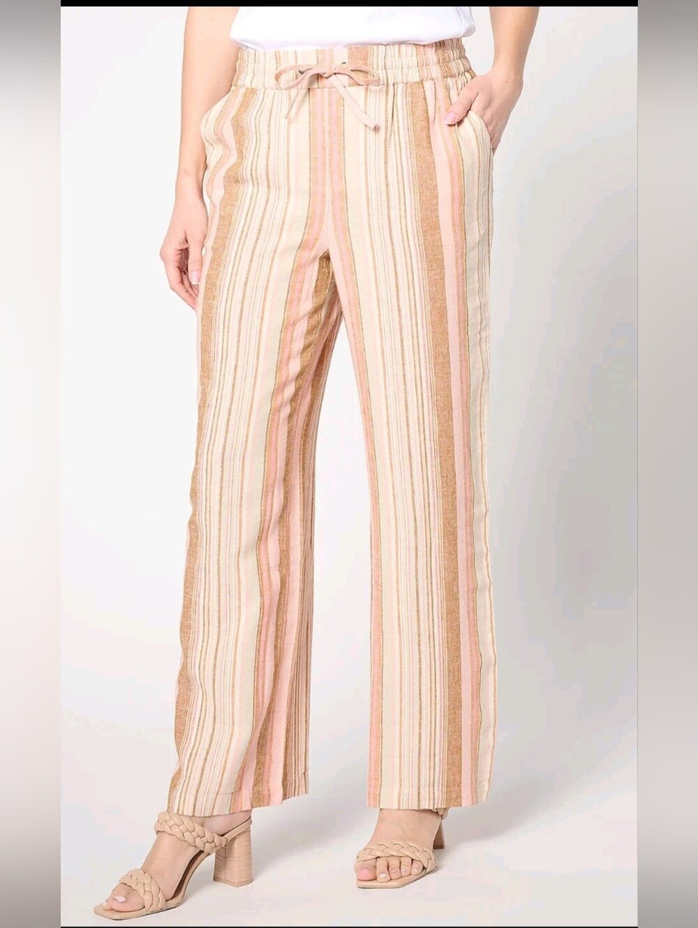 New Linen Blend Striped Wide-Leg Women's Pants 4X